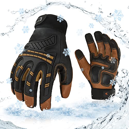 Vgo… 1-Pair -4℉ or above Winter Waterproof High Dexterity Heavy Duty Mechanic Glove, Rigger Glove, Anti-vibration, Anti-abrasion, Touchscreen (Size L, Brown, GA8954FW)