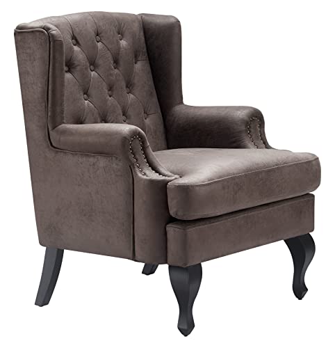 Serta Mason Sofa Collection Button Faux-Leather Upholstery, Brass Nailhead Accents, Solid Wood Legs, Tufted Wingback Armchair, Dark Brown