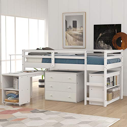Harper&Bright Designs Low Study Twin Loft Bed with Desk and Cabinet (White)