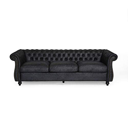 Great Deal Furniture Vita Chesterfield Tufted Microfiber Sofa with Scroll Arms, Black