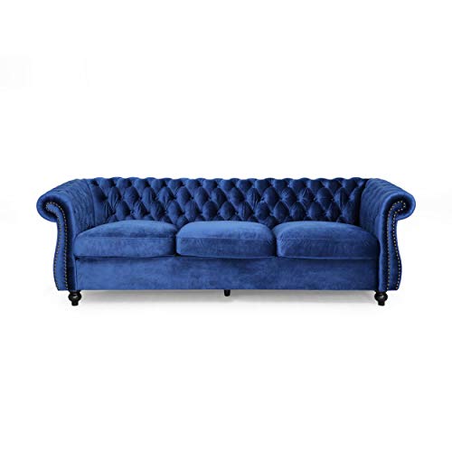 Great Deal Furniture Vita Chesterfield Tufted Jewel Toned Velvet Sofa with Scroll Arms, Navy Blue