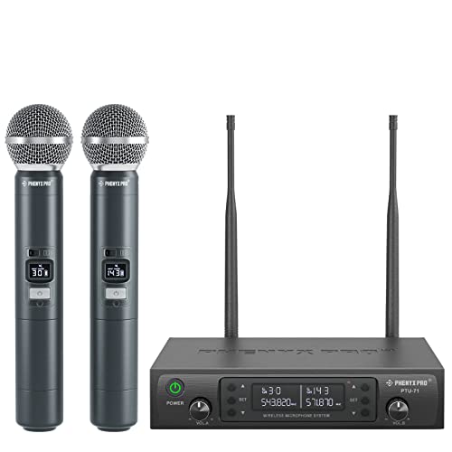 Wireless Microphone System, Phenyx Pro Dual Wireless Mics, w/ 2 Handheld Dynamic Microphones, 2×100 Adjustable UHF Channels, Auto Scan, 328ft Range, Microphone for Singing, Karaoke, Church (PTU-71-2H)