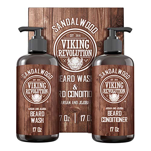 Viking Revolution Beard Wash & Beard Conditioner Set w/Argan & Jojoba Oils – Softens & Strengthens – Natural Sandalwood Scent – Beard Shampoo w/Beard Oil (17 oz)