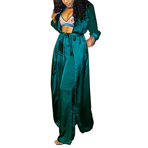 Womens 2 Piece Outfits Satin Silk Open Front Cardigan Kimono Cover-Up with Wide Leg Long Pants Set Blue S