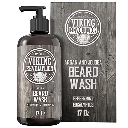 Beard Wash Shampoo w/Argan & Jojoba Oils – Softens & Strengthens – Natural Peppermint and Eucalyptus Scent – Beard Shampoo w/Beard Oil (17 oz Shampoo)