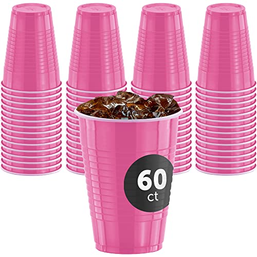 DecorRack 60 Party Cups 12 oz Disposable Plastic Cups for Birthday Party Bachelorette Camping Indoor Outdoor Events Beverage Drinking Cups (Pink, 60)