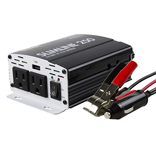 Wagan EL3714 250W Slimline Plus AC to DC Power Inverter 250 Watt TrueRated Continuous 500 Watt Surge Power DC 12V to AC 110V 2 AC Outlets and 2A USB Charging Port (250 Watt)
