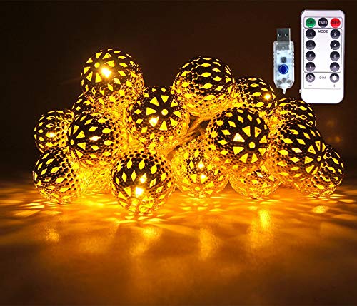 YUJINQ Fairy Decorative String Lights 50 LED Remote Timer USB Powered Silver Moroccan orb String Light Metal Ball Light Christmas Holiday, Party, Home Garden, Indoor Outdoor Decorations (Warm White)