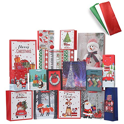 Smarimple Christmas Bags Bulk Set Includes Assorted Sizes 3 Jumbo 5 Large 6 Medium 2 Wine Bags 16 Count Glitter Design with 12 Sheets Tissue Paper