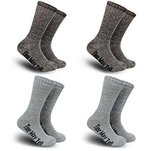 Time May Tell Mens Merino Wool Hiking Cushion Socks (2Light Grey,2Brown(4 pairs), US Size 5~9)