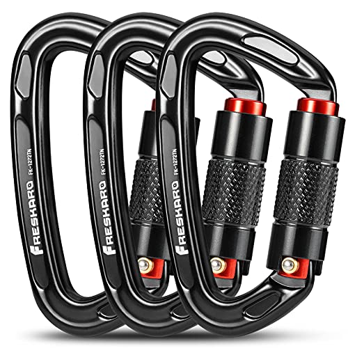 FresKaro 25kn Climbing Carabiners Double Locking Carabiner Clips, Heavy Duty Carabiner for Rock Climbing, Rappelling, Hunting, or Survival Gear kit, Gym Equipment, Cerfified UIAA Carabiner Black