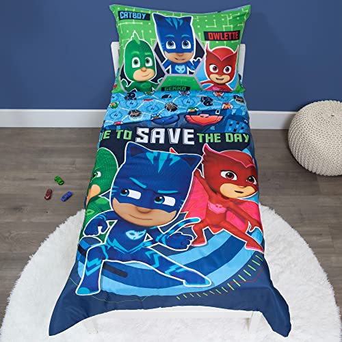 PJ Masks Time to Save The Day 4 Piece Toddler Bedding Set – Comforter Set Includes Quilted Comforter Blanket, Sheet Set – Fitted and Top + Reversible Pillow for Boys Bed, Blue