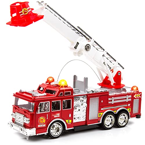 Toysery Fire Truck Toy with 3D Flashing Lights, Siren and Fire Fighter Sounds Effects. Extendable Rotating Rescue Ladder for Boys & Girls 3-7+ Years Old