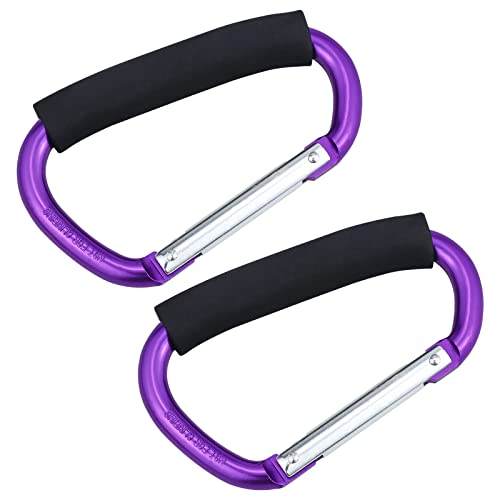JIALEEY Strong Large Durable Buggy Carabiner Stroller Hooks Mummy Clip Pram Pushchair Grocery or Shopping and Plastic Bags Holder, 2 Pack Purple