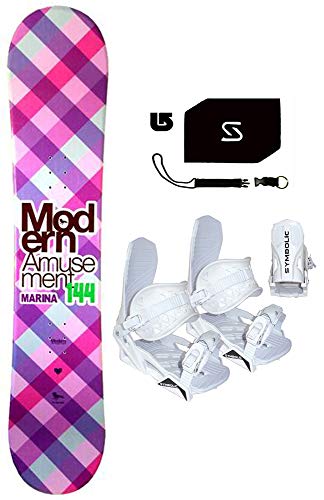 Modern Amusement 140cm Marina Snowboard & Symbolic White Bindings & Leash, Stomp, Burton dcal Package (Bindings White S (fits 6-9), 140cm M.A. Marina (az5))