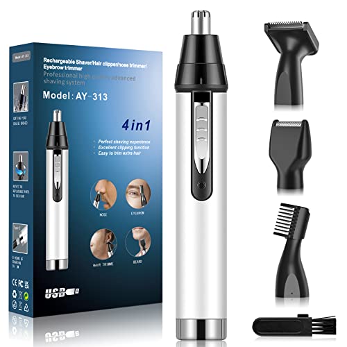 Ginity Ear and Nose Hair Trimmer for Men,Professional USB Rechargeable Nostril Nasal Hair Vacuum Cleaning System,4 in 1 Lightweight Waterproof Hair and Beard Clippers for Women (White)