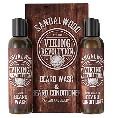 Viking Revolution Beard Wash & Beard Conditioner Set w/Argan & Jojoba Oils – Softens & Strengthens – Natural Sandalwood Scent – Beard Shampoo w/Beard Oil (5oz)