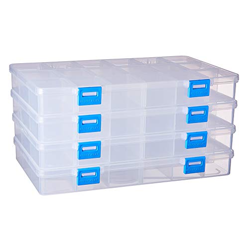 BENECREAT 4 Pack 18 Grids Large Transparent Plastic Storage Box Bead Organizer with Adjustable Dividers for Jewelry, Beads, Tools, Craft Accessories and Other Small Items – 9.4×5.7×1.18 Inch