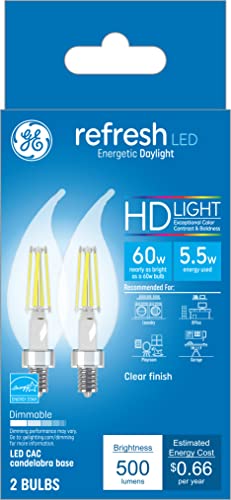 GE Refresh LED Light Bulbs, 60 Watt Eqv, Daylight, Decorative Clear Bulbs, Small Base (2 Pack)