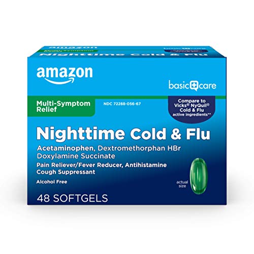 Amazon Basic Care Nite Time Cold Flu Relief Softgels, Pain Reliever, Fever Reducer, Cough Suppressant Antihistamine, 48 Count