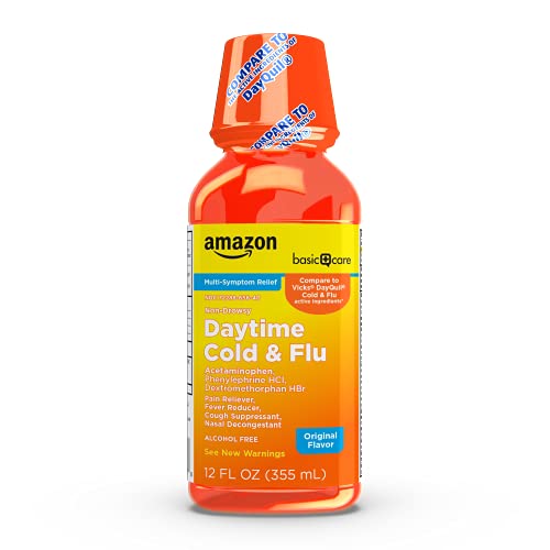 Amazon Basic Care Daytime Cold and Flu Relief, Non-Drowsy, Liquid Medicine, Original Flavor, 12 Fl Oz
