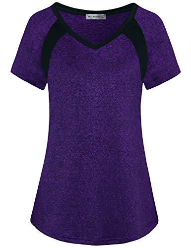 MISS FORTUNE Yoga Clothing for Women, Ladies Short Sleeve Gym Tops Exercise Clothes Workout Tshirts Fitness Running Shirts Plus Size, Purple 3X