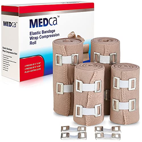 Elastic Compression Bandage Wrap – Premium Quality (Set of 4) w/ Hooks, Athletic Sport Support Tape Rolls for Ankle, Wrist, Arm, Leg Sprains First Aid Bandages Measure (2)- 4″ x 5 Ft (2)- 3″ x 5 Ft