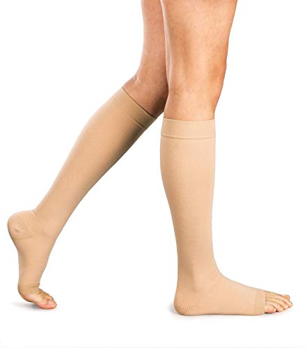Amazon Brand – Solimo Open Toe Compression Socks for Men & Women, Knee High, Sheer, Beige, 15-20mmHg, X-Large, 1 Pair