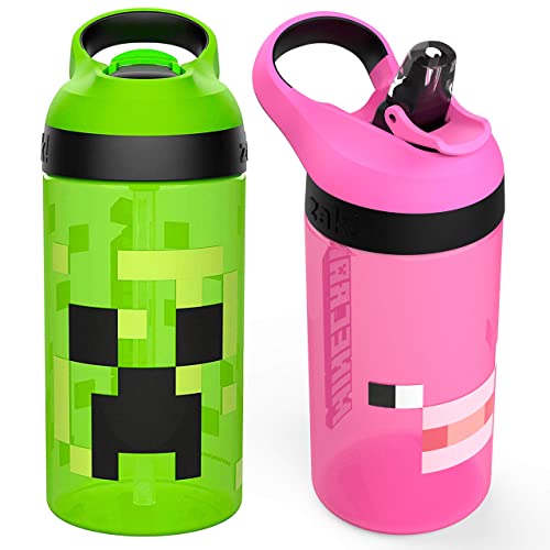 Zak Designs Minecraft Kids Water Bottle with Straw and Built in Carrying Loop Set, Made of Plastic, Leak-Proof Water Bottle Designs (Creeper/Pig, 16 oz, BPA-Free, 2pc Set)