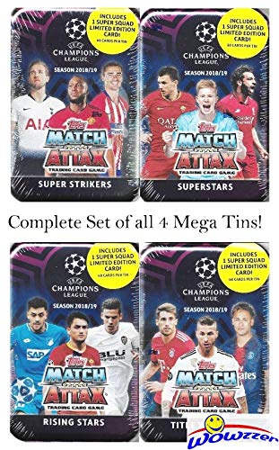 2018/2019 Topps Match Attax Champions League Soccer EXCLUSIVE Collectors Set of (4) MEGA TINS with 240 Cards Including Limited Edition Cards of Ronaldo, Messi, Salah, Neymar & 60 Subset Cards! WOWZZER