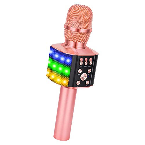 BONAOK Wireless Bluetooth Karaoke Microphone with Controllable LED Lights, 4 in 1 Portable Mic Speaker for All Smartphones, Birthday Gifts for Kids & Adults (Q36 Rose Gold)