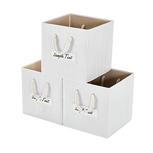 Onlycube Hadioo 3 Pack Foldable Bamboo Fabric Storage Bins for Cube Organizer with Cotton Rope Handles, Collapsible Basket Box Organizer for Shelves and Closet- Beige 13x13x13 inch