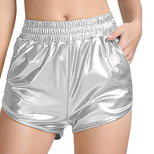 Women’s Yoga Hot Shorts Elastic Waist Shiny Metallic Pants (Silver, L)