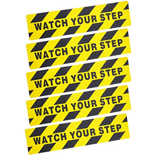 5 Pieces Watch Your Step Warning Sticker Adhesive Tape Anti Slip Abrasive Tape for Workplace Safety Wet Floor Caution, 6 by 24 Inches