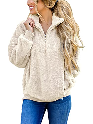 MEROKEETY Women’s Long Sleeve Contrast Color Zipper Sherpa Pile Pullover Tops Fleece Sweatshirt Beige