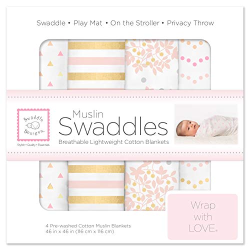 SwaddleDesigns Cotton Muslin Swaddle Blankets, Set of 4, Receiving Blankets for Baby Boys & Girls, Best Shower Gift, 46×46 inches, Pink Floral & Stripes