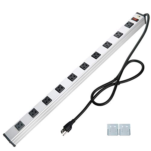 10 Outlet Plugs Heavy Duty Metal Power Strip, Aluminum Workshop Socket with 4FT Long Cord and Power Switch. 15A, 125V, 1875W