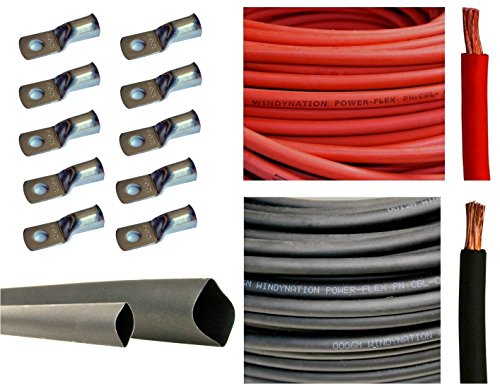 WindyNation WNI 2 AWG 2 Gauge 20 Feet Black + 20 Feet Red Battery Welding Pure Copper Ultra Flexible Cable + 5pcs of 5/16″ & 5pcs 3/8″ Copper Cable Lug Terminal Connectors + 3 Feet Heat Shrink Tubing