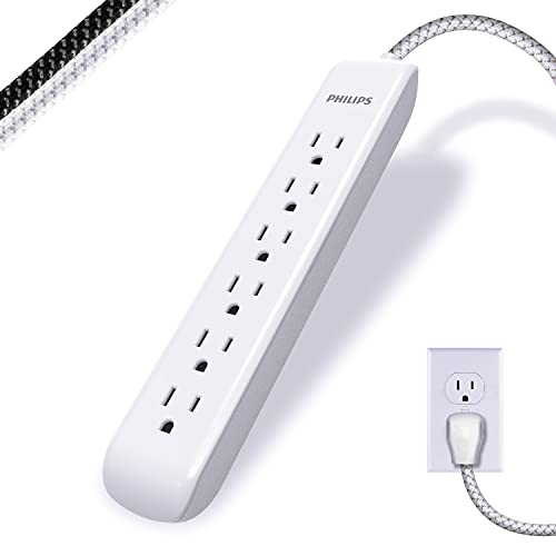 Philips 6 Outlet Surge Protector Power Strip, Designer Braided Power Cord, 4 Ft Power Cord, Flat Plug Extension Cord, Perfect for Office or Home Décor, 720 Joules, ETL Listed, White, SPC3064WE/37