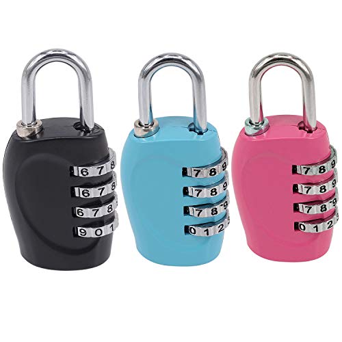 Yeworth 3 Pack Luggage Locks Travel Security 4 Digit Combination Padlocks with Alloy Body for Travel Bag, Suit Case, Lockers, Gym, Bike Locks – Black, Blue, Rose Red