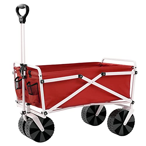 YSC Folding Beach Wagon – Collapsible Cart with Wheels – Utility Shopping Basket – Everyday Carrying Wagon – Large Outdoor Cart – Heavy-Duty Beach Utility Caddy (Red)