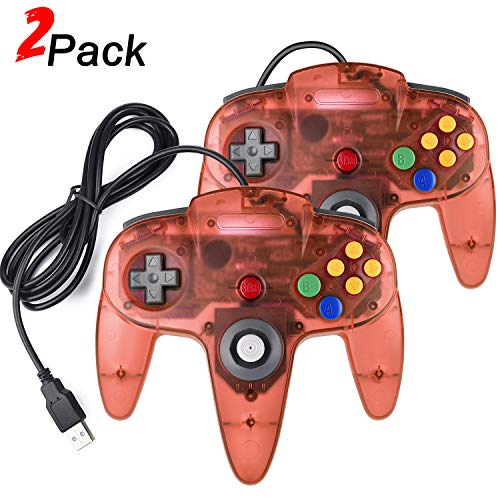 miadore 2 Pack N64 Classic USB Controller, USB N64 Controller Retro Game Pad Gamestick for Raspberry pi 3 PC and MAC (Clear Red)