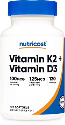 Nutricost Vitamin K2 (MK7) (100mcg) + Vitamin D3 (5000 IU) 120 Softgels – Gluten Free and Non-GMO