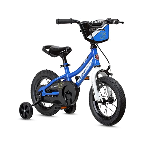 Schwinn Koen & Elm Toddler and Kids Bike, For Girls and Boys, 12-Inch Wheels, BMX Style, With Saddle Handle, Training Wheels Included, Chain Guard, and Number Plate, Blue