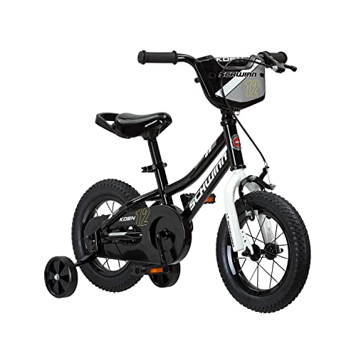 Schwinn Koen & Elm Toddler and Kids Bike, For Girls and Boys, 12-Inch Wheels, BMX Style, With Saddle Handle, Training Wheels Included, Chain Guard, and Number Plate, Black