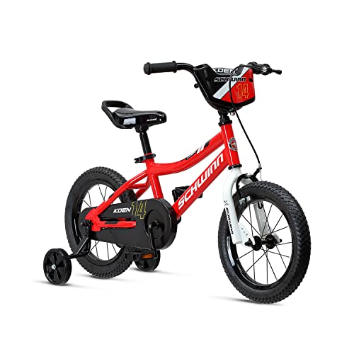 Schwinn Koen & Elm Toddler and Kids Bike, For Girls and Boys, 14-Inch Wheels, BMX Style, With Saddle Handle, Training Wheels Included, Chain Guard, and Number Plate, Red