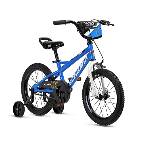 Schwinn Koen & Elm Toddler and Kids Bike, For Girls and Boys, 16-Inch Wheels, BMX Style, With Saddle Handle, Training Wheels Included, Chain Guard, and Number Plate, Blue
