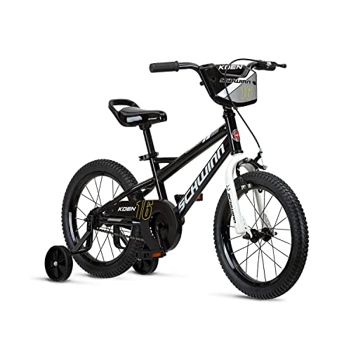 Schwinn Koen & Elm Toddler and Kids Bike, For Girls and Boys, 16-Inch Wheels, BMX Style, With Saddle Handle, Training Wheels Included, Chain Guard, and Number Plate, Black