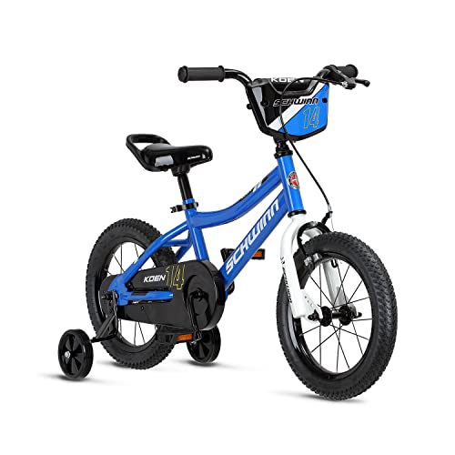 Schwinn Koen & Elm Toddler and Kids Bike, For Girls and Boys, 14-Inch Wheels, BMX Style, With Saddle Handle, Training Wheels Included, Chain Guard, and Number Plate, Blue