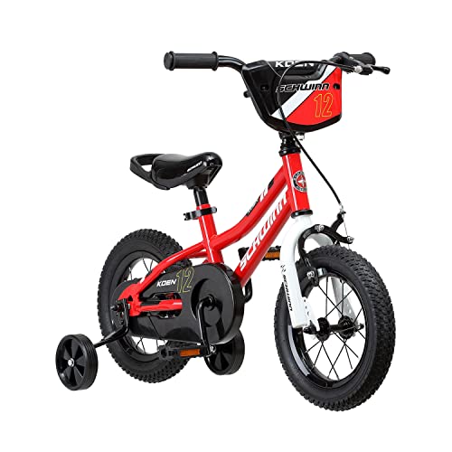 Schwinn Koen & Elm Toddler and Kids Bike, For Girls and Boys, 12-Inch Wheels, BMX Style, With Saddle Handle, Training Wheels Included, Chain Guard, and Number Plate, Red